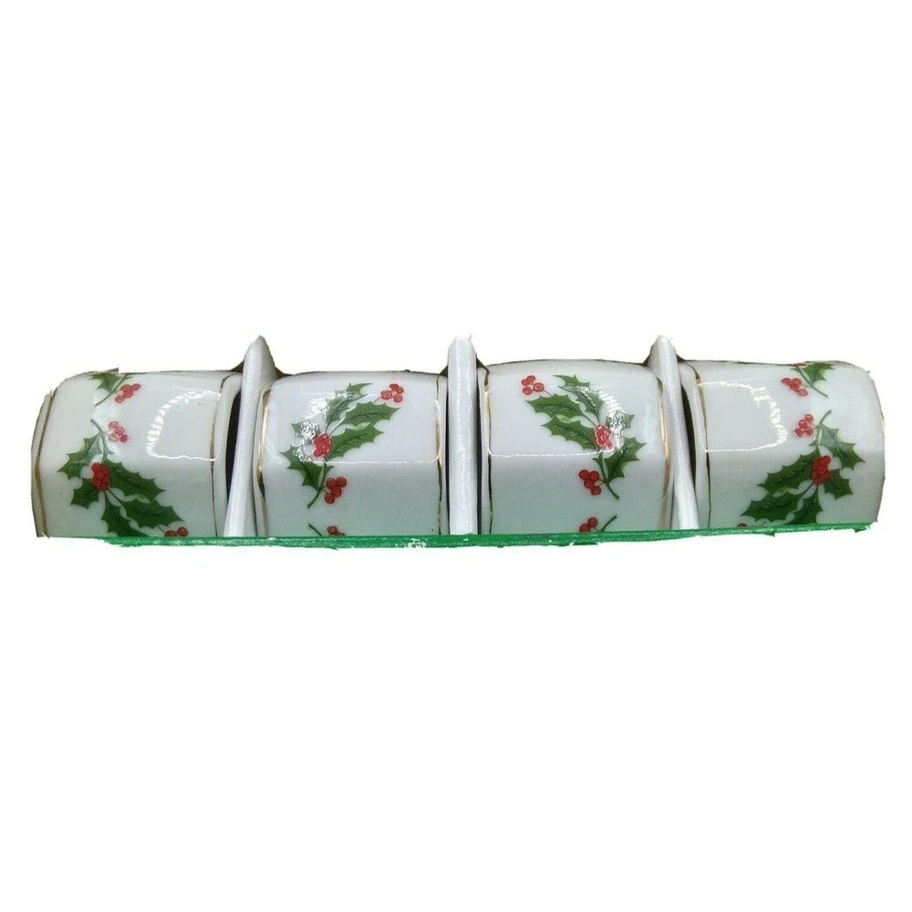Napkin Ring Set Christmas Japan Porcelain Holly Berry Leaves Hand Decorated